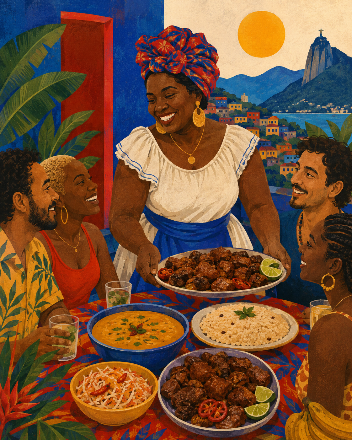 Cozinheira haitiana servindo uma mesa comunitária com pratos tradicionais